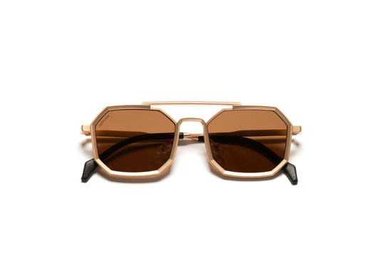 LEO BRONZE geometric, gold frame, shades, specs, sunglasses